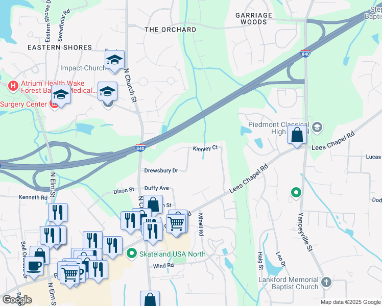 map of restaurants, bars, coffee shops, grocery stores, and more near 152 Drewsbury Drive in Greensboro