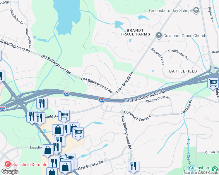 map of restaurants, bars, coffee shops, grocery stores, and more near 2805 Treestead Circle in Greensboro