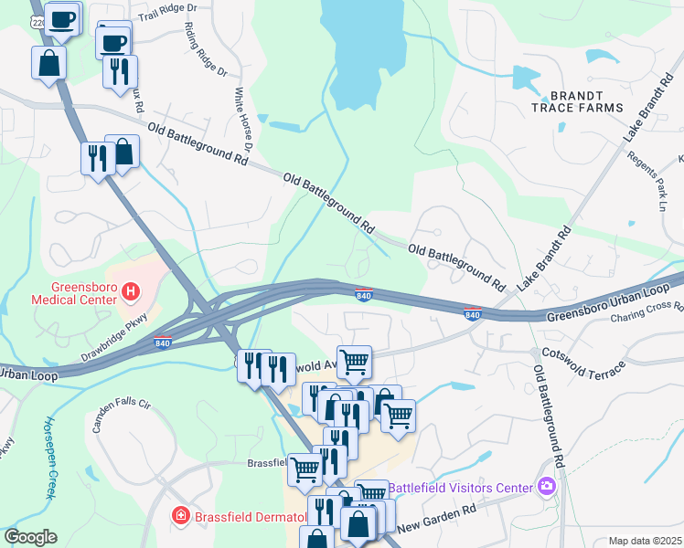 map of restaurants, bars, coffee shops, grocery stores, and more near 3046 Laurel Springs Drive in Greensboro
