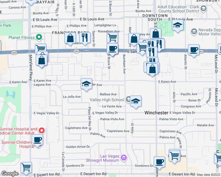 map of restaurants, bars, coffee shops, grocery stores, and more near 1978 Balboa Avenue in Las Vegas