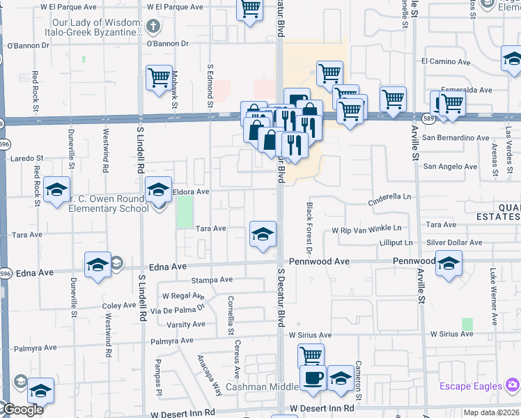 map of restaurants, bars, coffee shops, grocery stores, and more near 2752 Eldora Circle in Las Vegas