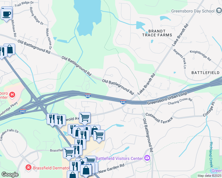 map of restaurants, bars, coffee shops, grocery stores, and more near 2935 Oaktop Circle in Greensboro
