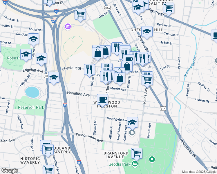 map of restaurants, bars, coffee shops, grocery stores, and more near 525 Merritt Avenue in Nashville