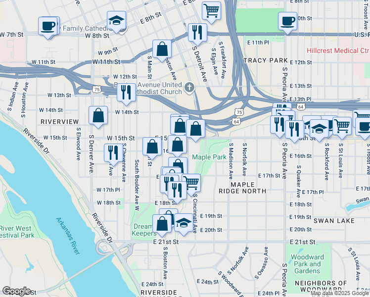 map of restaurants, bars, coffee shops, grocery stores, and more near 115 East 16th Street in Tulsa