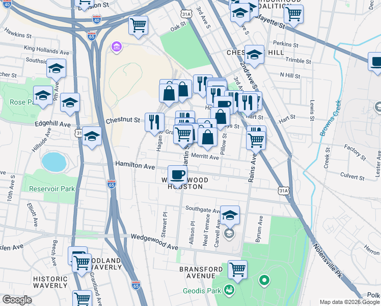 map of restaurants, bars, coffee shops, grocery stores, and more near 1260 Martin Street in Nashville