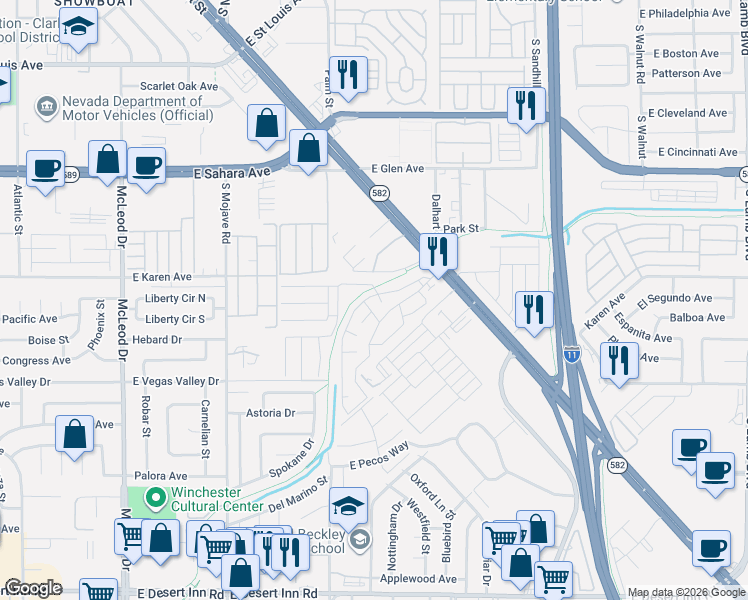 map of restaurants, bars, coffee shops, grocery stores, and more near Mulberry Dr in Las Vegas
