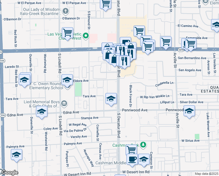 map of restaurants, bars, coffee shops, grocery stores, and more near 2772 Eldora Circle in Las Vegas