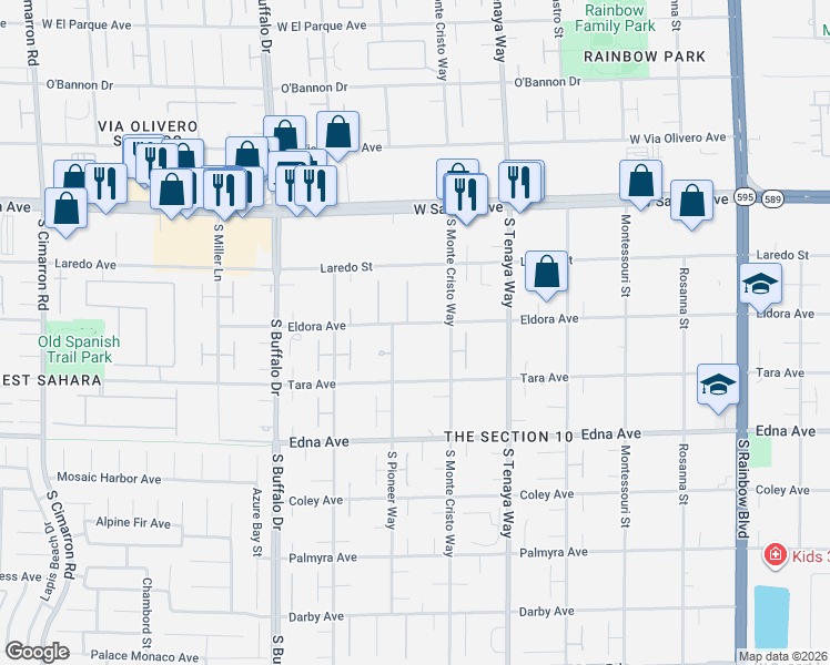 map of restaurants, bars, coffee shops, grocery stores, and more near 2740 South Pioneer Way in Las Vegas