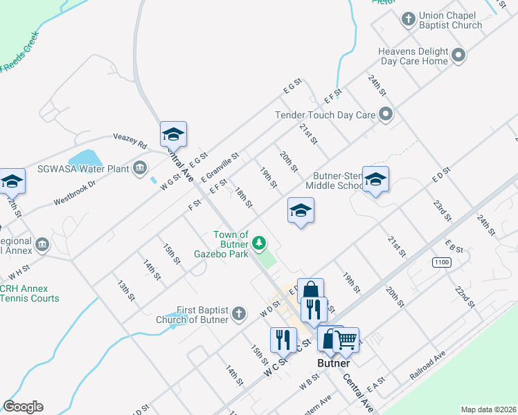 map of restaurants, bars, coffee shops, grocery stores, and more near 601 North 18th Street in Butner
