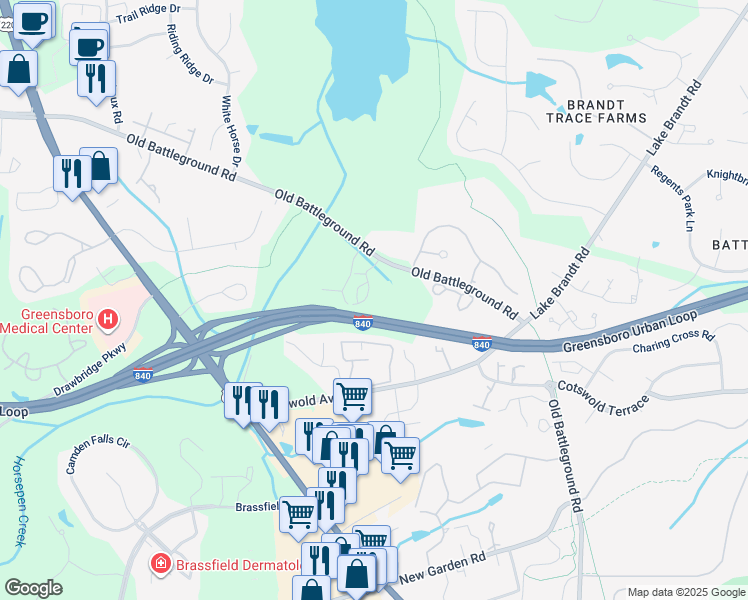 map of restaurants, bars, coffee shops, grocery stores, and more near 3005 Greystone Point in Greensboro