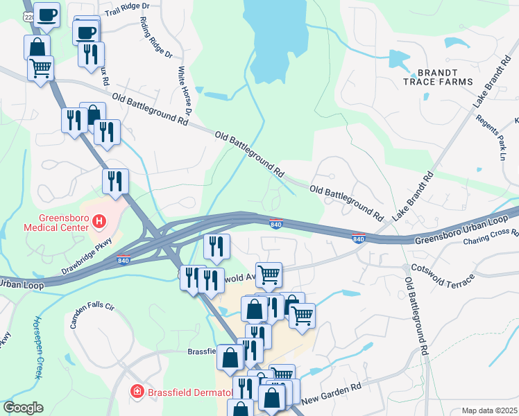 map of restaurants, bars, coffee shops, grocery stores, and more near 3046 Laurel Springs Drive in Greensboro