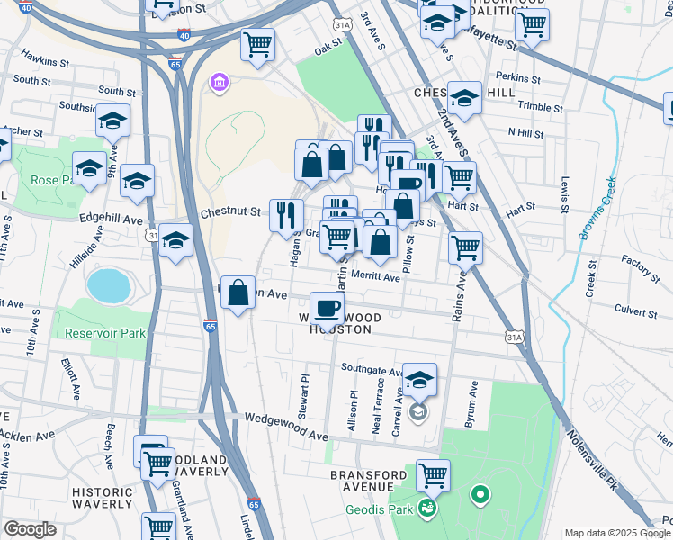map of restaurants, bars, coffee shops, grocery stores, and more near 609 Merritt Avenue in Nashville