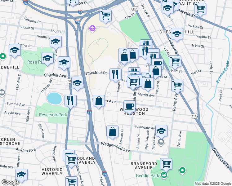 map of restaurants, bars, coffee shops, grocery stores, and more near 601 Hagan Street in Nashville