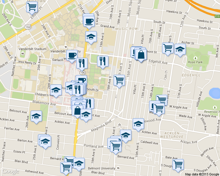 map of restaurants, bars, coffee shops, grocery stores, and more near 1500 18th Avenue South in Nashville