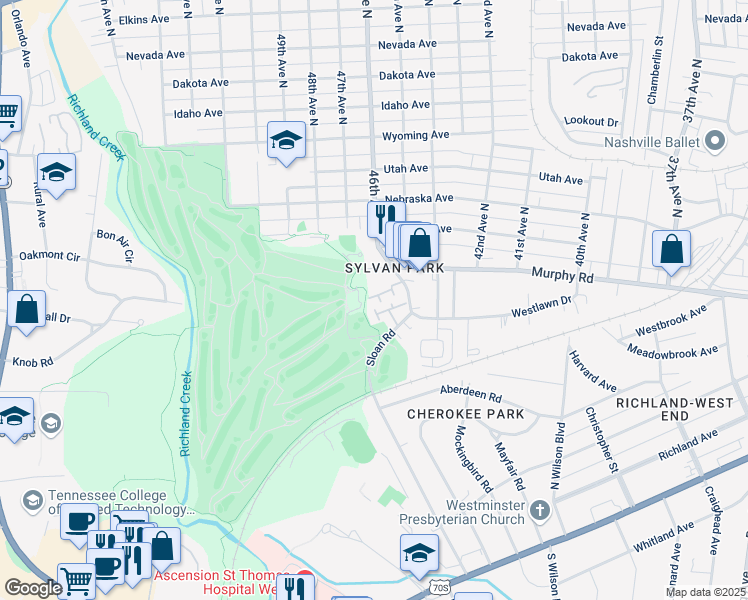 map of restaurants, bars, coffee shops, grocery stores, and more near 4601 Murphy Road in Nashville