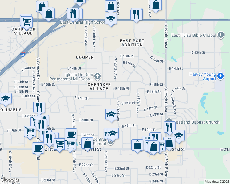 map of restaurants, bars, coffee shops, grocery stores, and more near 1538 South 122nd East Avenue in Tulsa