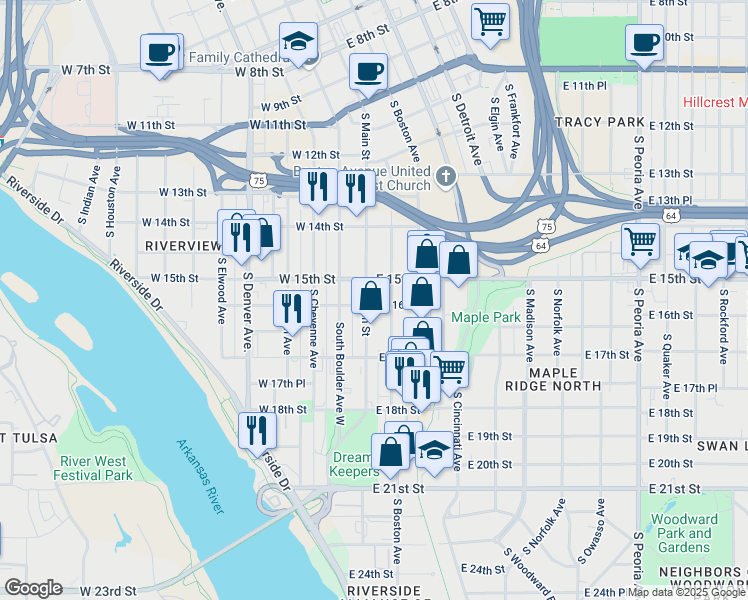 map of restaurants, bars, coffee shops, grocery stores, and more near 1604 South Baltimore Avenue in Tulsa