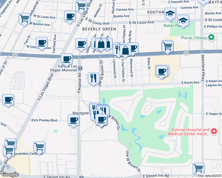 map of restaurants, bars, coffee shops, grocery stores, and more near 566 Tam O Shanter in Las Vegas