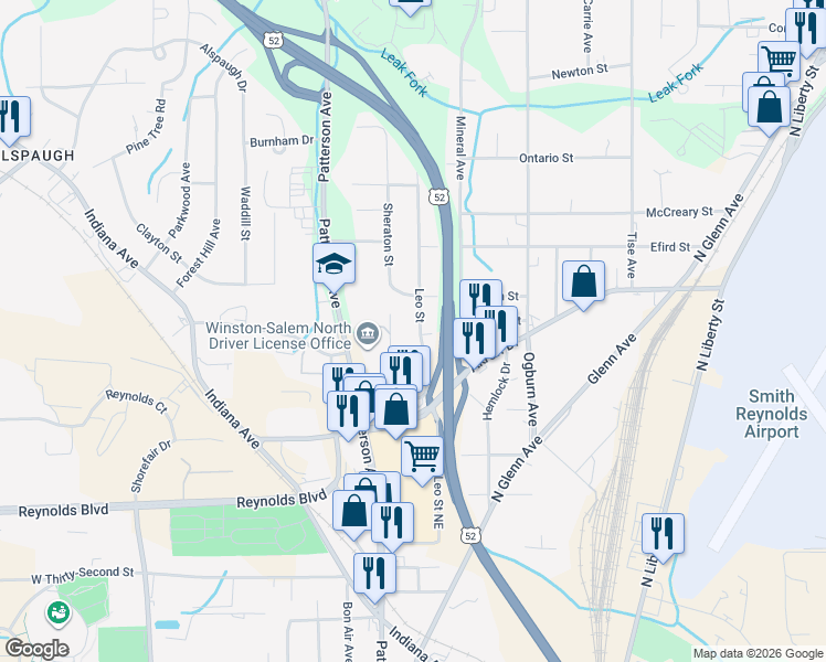 map of restaurants, bars, coffee shops, grocery stores, and more near 3876 Leo Street in Winston-Salem