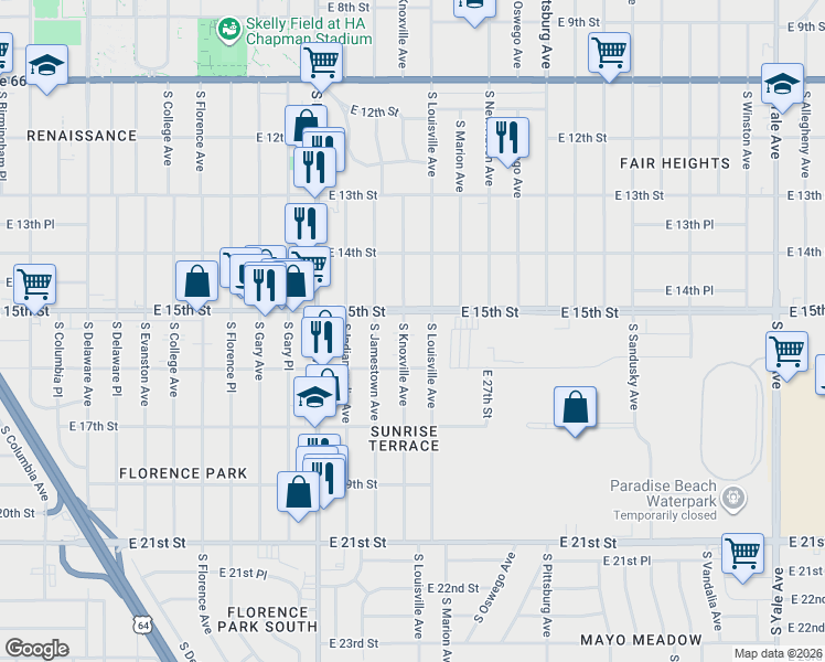 map of restaurants, bars, coffee shops, grocery stores, and more near 1526 South Knoxville Avenue in Tulsa