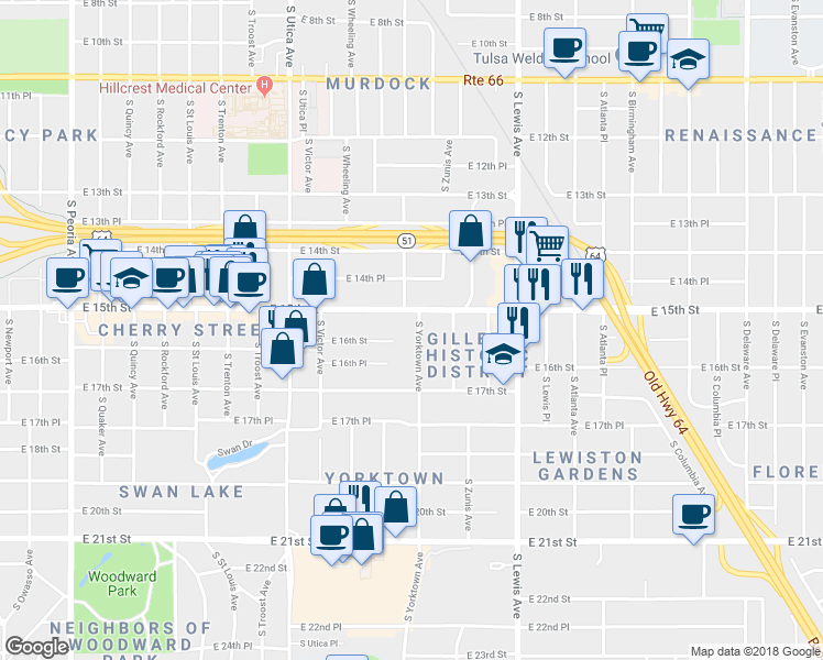 map of restaurants, bars, coffee shops, grocery stores, and more near 1518 South Yorktown Avenue in Tulsa