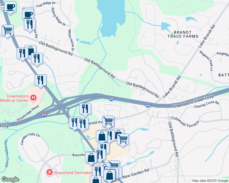 map of restaurants, bars, coffee shops, grocery stores, and more near 3005 Greystone Point in Greensboro