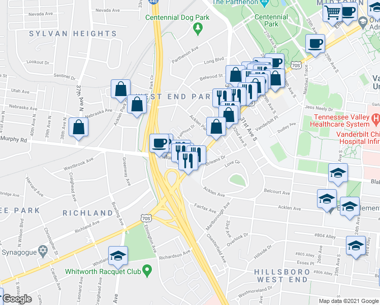 map of restaurants, bars, coffee shops, grocery stores, and more near 3322 West End Avenue in Nashville