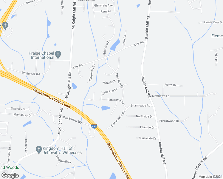 map of restaurants, bars, coffee shops, grocery stores, and more near 3519 Long Run Drive in Greensboro