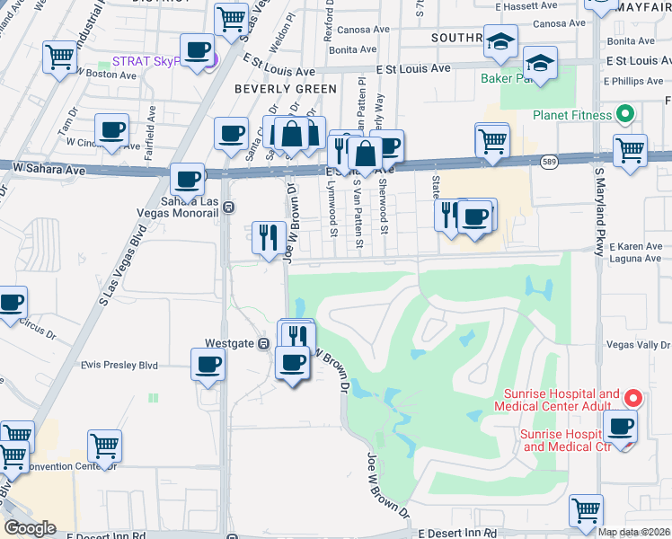 map of restaurants, bars, coffee shops, grocery stores, and more near 596 Tam O Shanter in Las Vegas