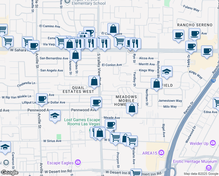 map of restaurants, bars, coffee shops, grocery stores, and more near 2700 South Valley View Boulevard in Las Vegas