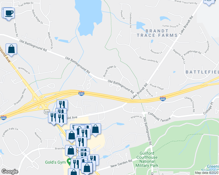 map of restaurants, bars, coffee shops, grocery stores, and more near 2953 Oaktop Circle in Greensboro