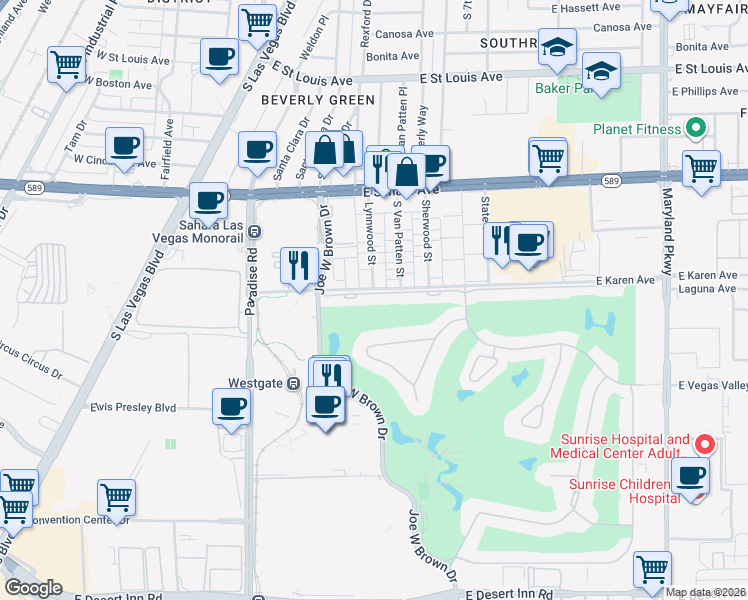 map of restaurants, bars, coffee shops, grocery stores, and more near 608 Tam O Shanter in Las Vegas
