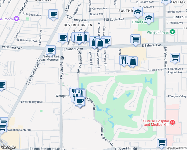 map of restaurants, bars, coffee shops, grocery stores, and more near 612 Tam O Shanter in Las Vegas