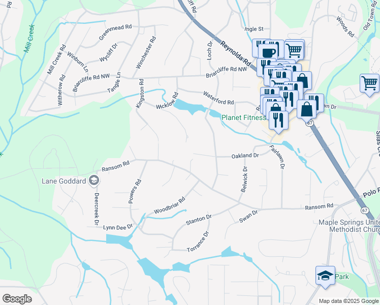 map of restaurants, bars, coffee shops, grocery stores, and more near 2090 Oakland Drive in Winston-Salem