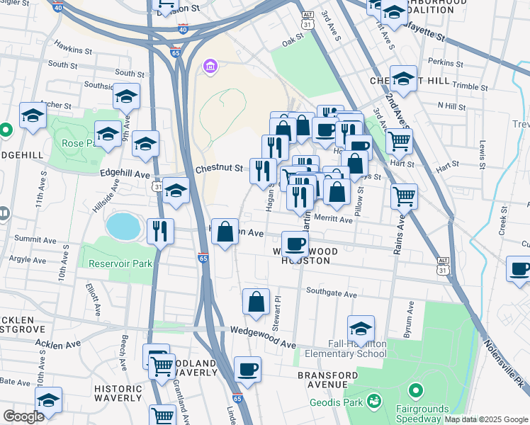 map of restaurants, bars, coffee shops, grocery stores, and more near 715 Merritt Avenue in Nashville