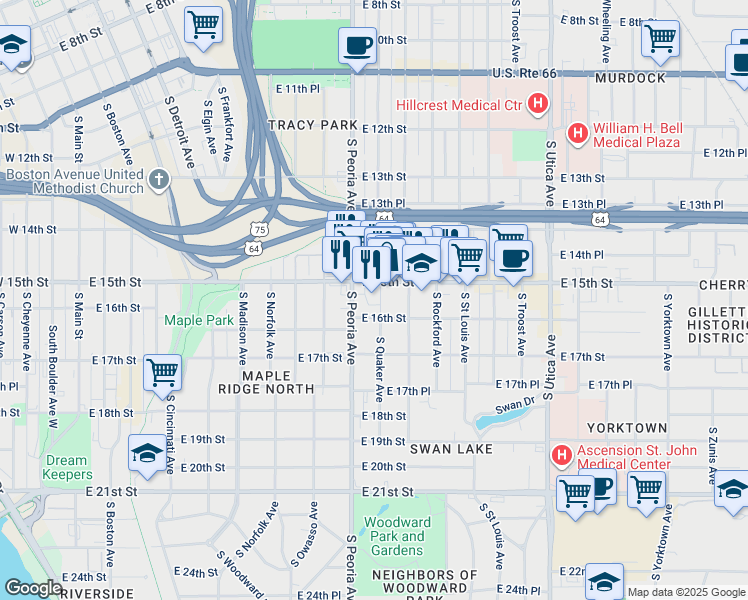 map of restaurants, bars, coffee shops, grocery stores, and more near 1326 East 15th Street in Tulsa
