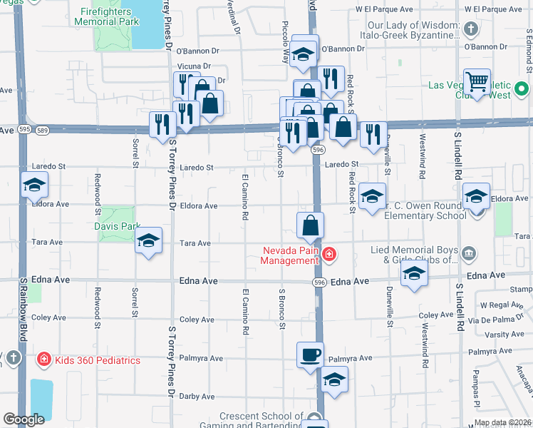map of restaurants, bars, coffee shops, grocery stores, and more near 6235 Eldora Avenue in Las Vegas
