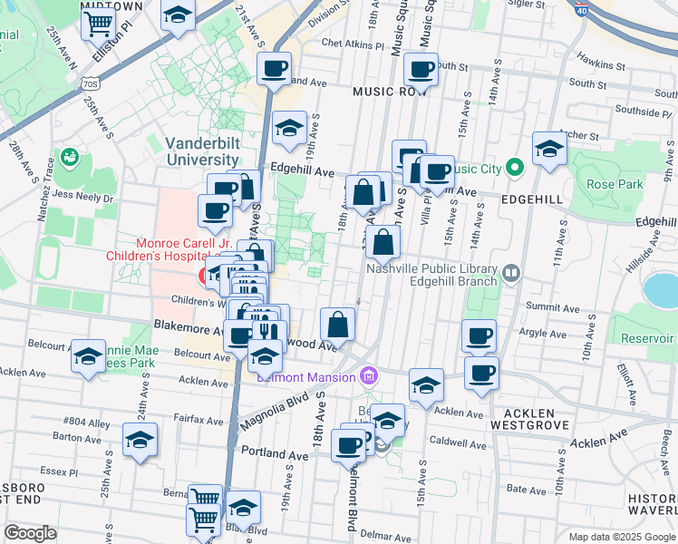 map of restaurants, bars, coffee shops, grocery stores, and more near 1406 18th Avenue South in Nashville