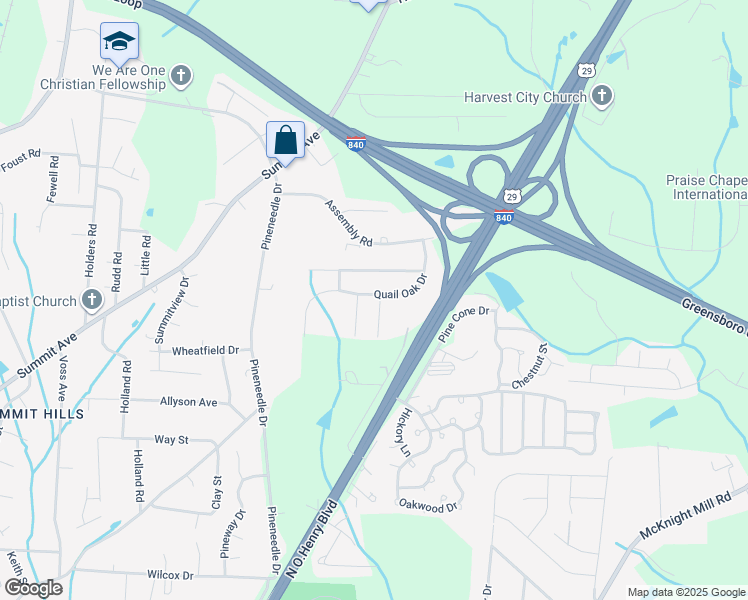 map of restaurants, bars, coffee shops, grocery stores, and more near 4108 Flowering Path Lane in Greensboro