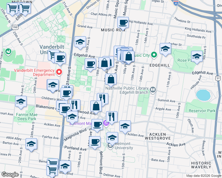 map of restaurants, bars, coffee shops, grocery stores, and more near 1505 16th Avenue South in Nashville
