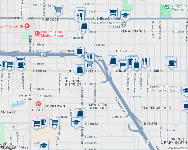 map of restaurants, bars, coffee shops, grocery stores, and more near 1528 South Atlanta Avenue in Tulsa