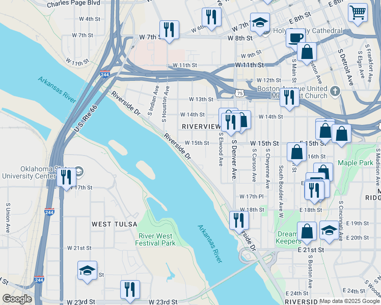 map of restaurants, bars, coffee shops, grocery stores, and more near 1563 Riverside Drive in Tulsa