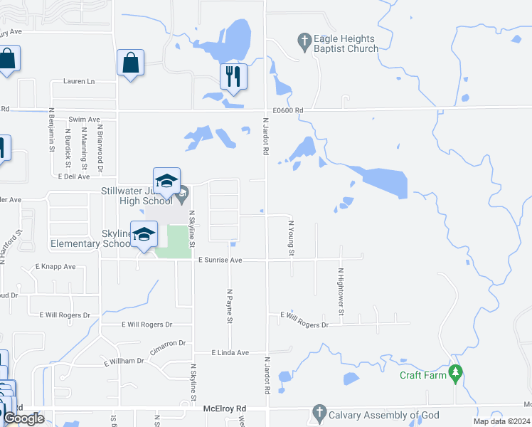 map of restaurants, bars, coffee shops, grocery stores, and more near 1798 North Young Street in Stillwater