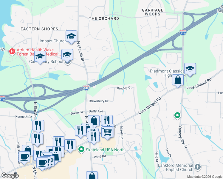 map of restaurants, bars, coffee shops, grocery stores, and more near 133 Drewsbury Drive in Greensboro