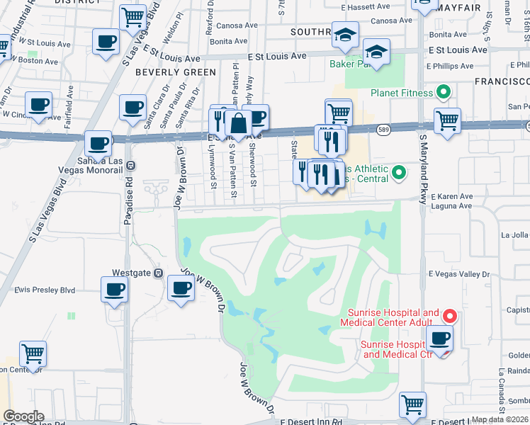 map of restaurants, bars, coffee shops, grocery stores, and more near 794 Oakmont Avenue in Las Vegas