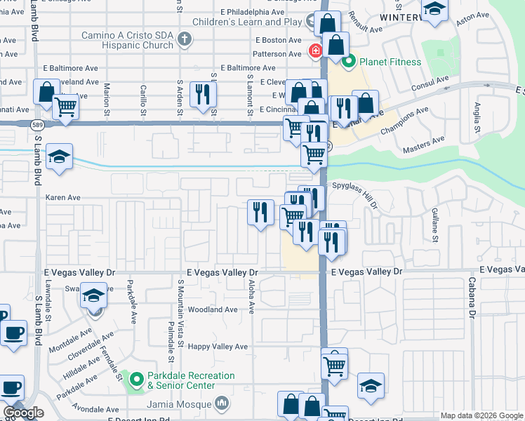 map of restaurants, bars, coffee shops, grocery stores, and more near 2725 South Nellis Boulevard in Las Vegas