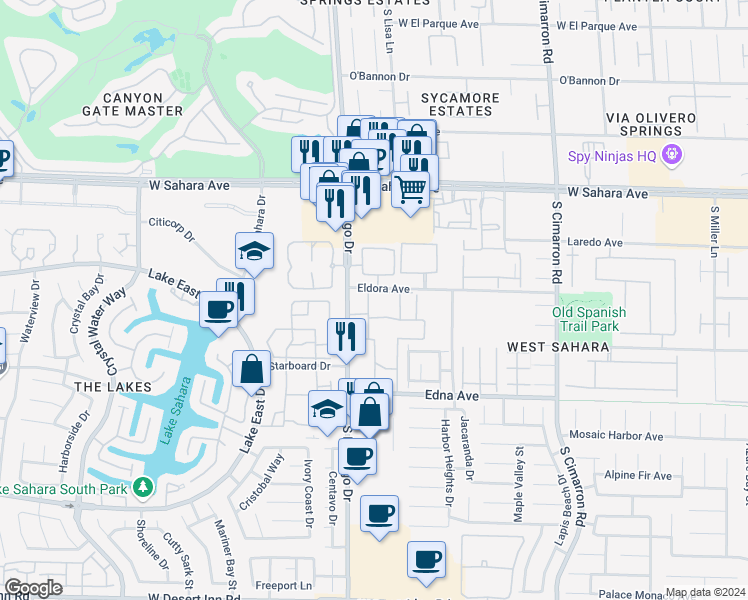 map of restaurants, bars, coffee shops, grocery stores, and more near 2750 South Durango Drive in Las Vegas