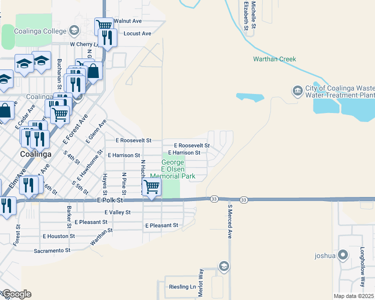 map of restaurants, bars, coffee shops, grocery stores, and more near 400 North Thompson Street in Coalinga