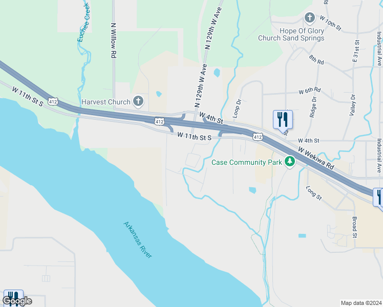 map of restaurants, bars, coffee shops, grocery stores, and more near 303 Apple Creek Drive in Sand Springs