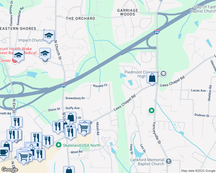 map of restaurants, bars, coffee shops, grocery stores, and more near 100 Kinnley Court in Greensboro